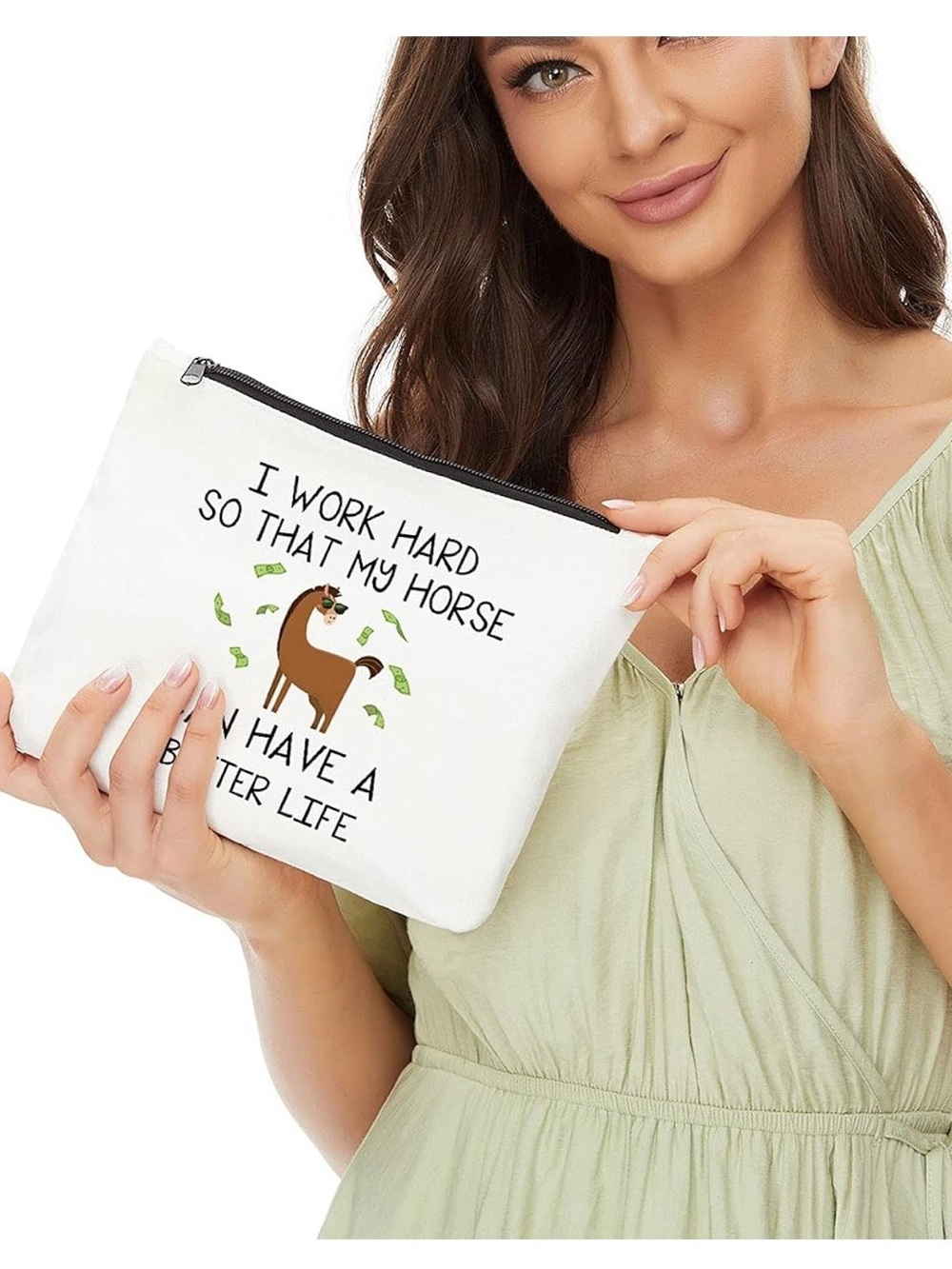 Amazon White Cosmetic Bag with Brown Horse and Green Accents